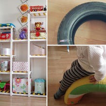 动手能力超强的宝妈旧轮胎改摇摇玩具、方木DIY玩具架
