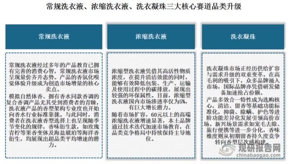 当前，在精洗时代下，我国衣清产品逐渐向体验升级、功能扩展及场景扩展三大方向发展，共同推动常规洗衣液、浓缩洗衣液、洗衣凝珠这三大核心赛道品类升级。在此基础上，市场也逐步向“基础功能的感官体验溢价化、单品的复合功能模块化、洗护场景的垂直专业化”三大方向迁移。