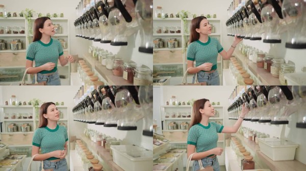 白人年轻成年女性拿着可重复使用的袋子从环保商店的补充站选择谷物和谷物，在无塑料零废物商店的可持续生活