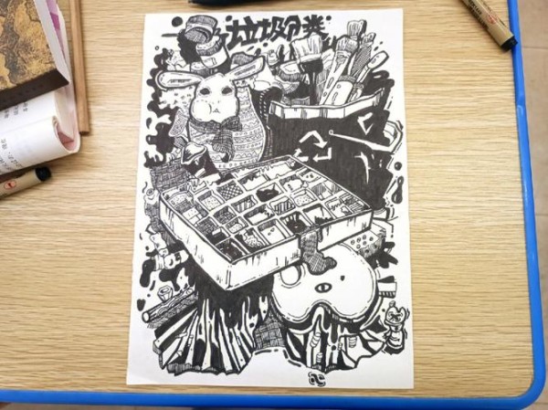 环保主题临摹黑白装饰画马克笔插画手绘