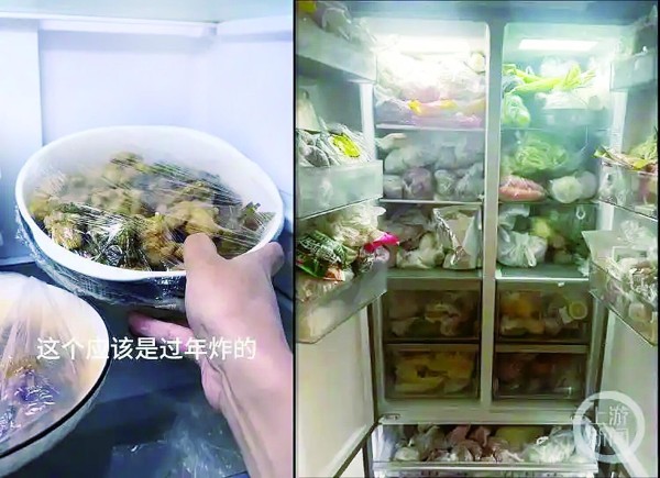网友“重庆邓孃孃”家里冰箱里有过年的炸鱼(左),网友“橘子猫”家里的冰箱被父母囤满了食物(右)。受访者供图