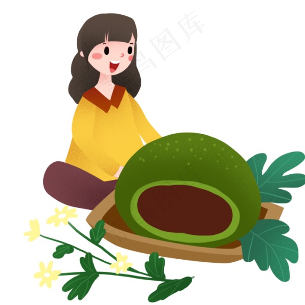 清明节女孩和咬了一口的青团插画