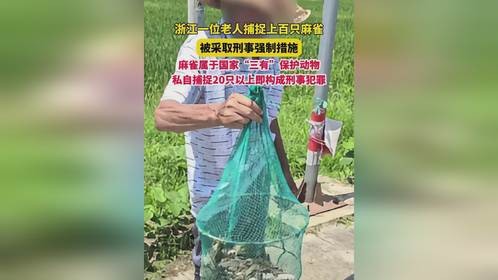 近日，浙江绍兴上虞区。一位老人因架网捕捉上百只麻雀，被当地警方依法刑事拘留。（编辑 浩浩）