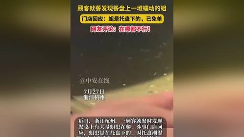 近日，浙江杭州，一顾客就餐时发现餐桌上有大量蛆虫在爬。涉事门店回应，蛆虫是在托盘下的。因托盘潮湿所以...