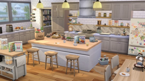 《The Sims 4》的一间厨房，台面上杂乱无章地摆放着各种厨房物品。