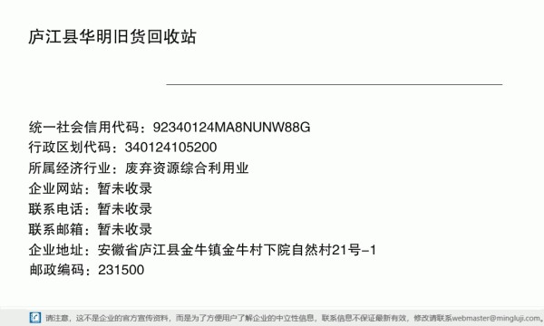 庐江县华明旧货回收站详情信息电子名片