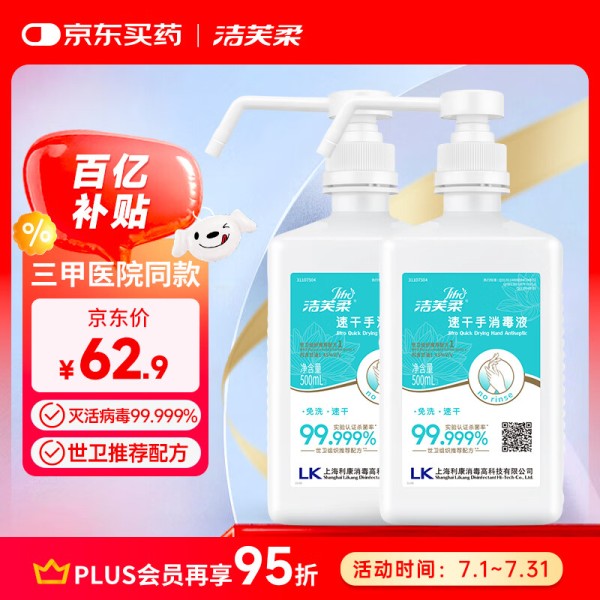 洁芙柔速干免洗手消毒液500ml*2医用洗手液非凝胶家用75%酒精乙醇杀菌57.76元