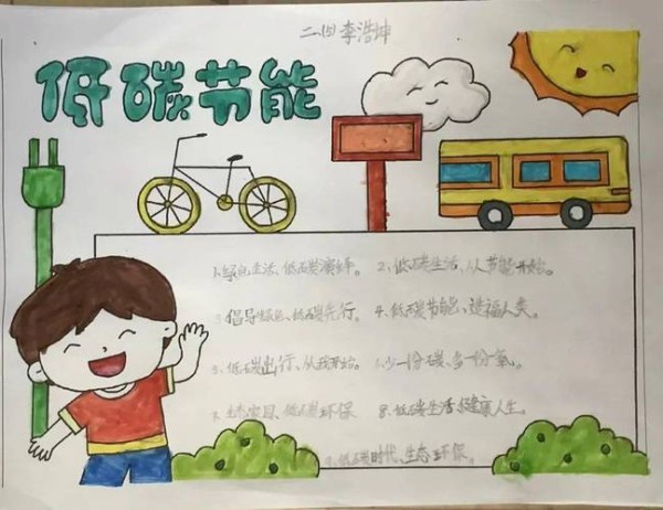 二5中队的队员们通过手抄报以及绘画等多种方式分享节能减碳的小