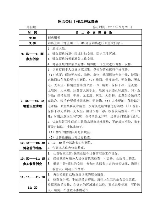 保洁员日工作流程标准表