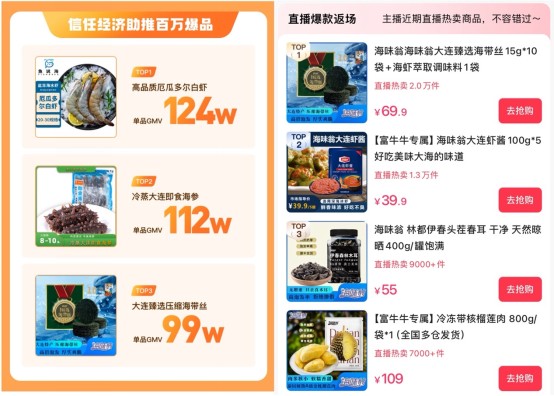 ▲在生鲜淡季,富牛牛的快手直播间却卖出了单品GMV破百万的好成绩。