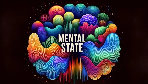 “以鲜艳的色彩呈现抽象脑电波,中心以粗体文字显示‘精神状态’。”