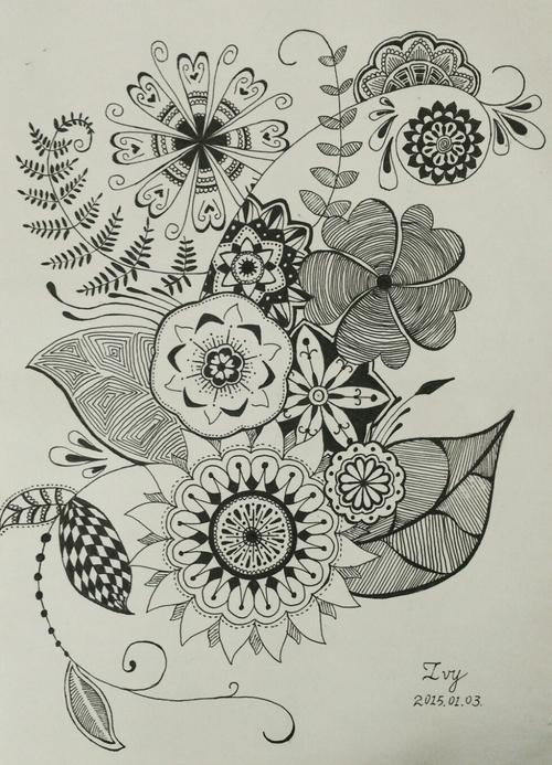 黑白简笔画花春天黑白线简笔画艺术插画 插画 装饰画 简笔画 线条