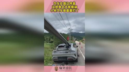汽车在路边停着，没想到会天降横祸，小米汽车前面都烂了！