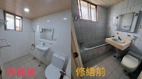 這張照片是浴室的改造前後對比。左側是改造後，右側是改造前。改造後浴室乾淨整潔，地板和牆壁都煥然一新，馬桶和洗手台也都換成了新的。改造前浴室顯得舊且凌亂，地板和牆壁都顯得陳舊，馬桶和洗手台也都顯得破舊。
