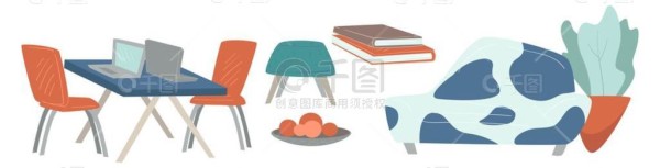家庭办公室、生活和工作场所、房屋室内设计。带联合办公椅子的桌子、带现代印刷品的沙发、带书籍的书桌和盆栽室内植物。装饰和时尚。平面样式的矢量。工作空间和客厅室内设计