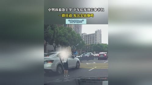 小男孩着急上学 下车后发现忘拿书包，一路狂追 发出尖锐爆鸣