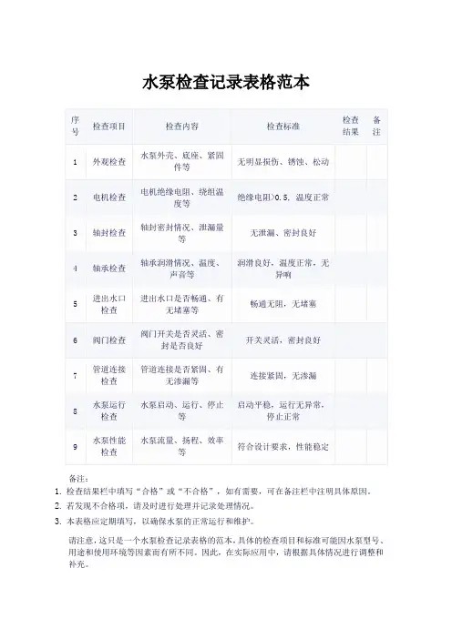 水泵检查记录表范本