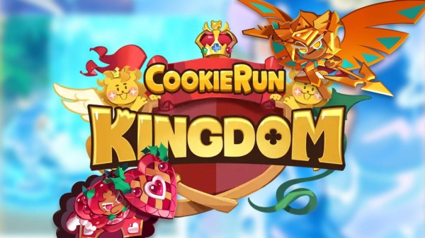 Cookie Run Kingdom characters with game logo blurred background composite