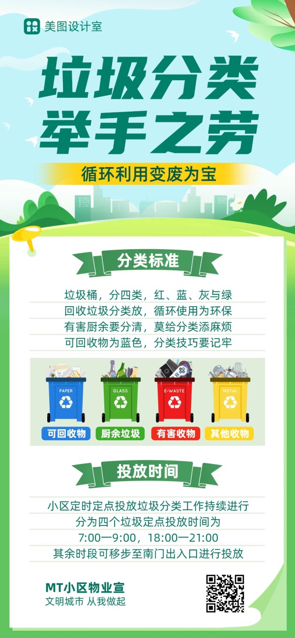 插画风绿色房地产物业类垃圾分类科普通知宣传全屏手机海报