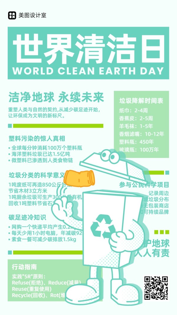 简约手绘风绿色通用类干货科普世界清洁日手机海报