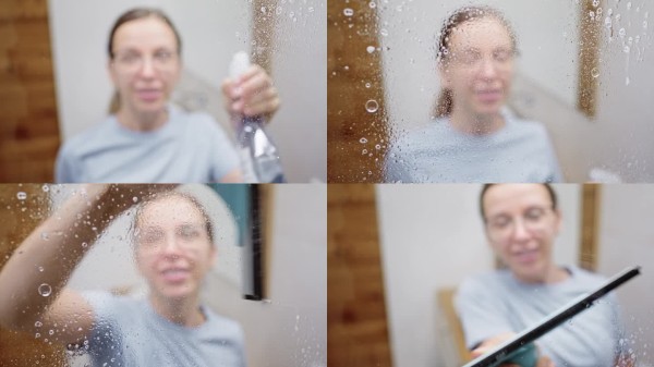 中年白人女性在清洁浴室镜子