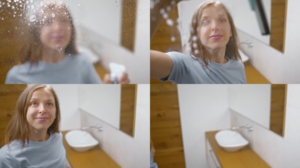 白人女性愉快地清洁浴室镜子