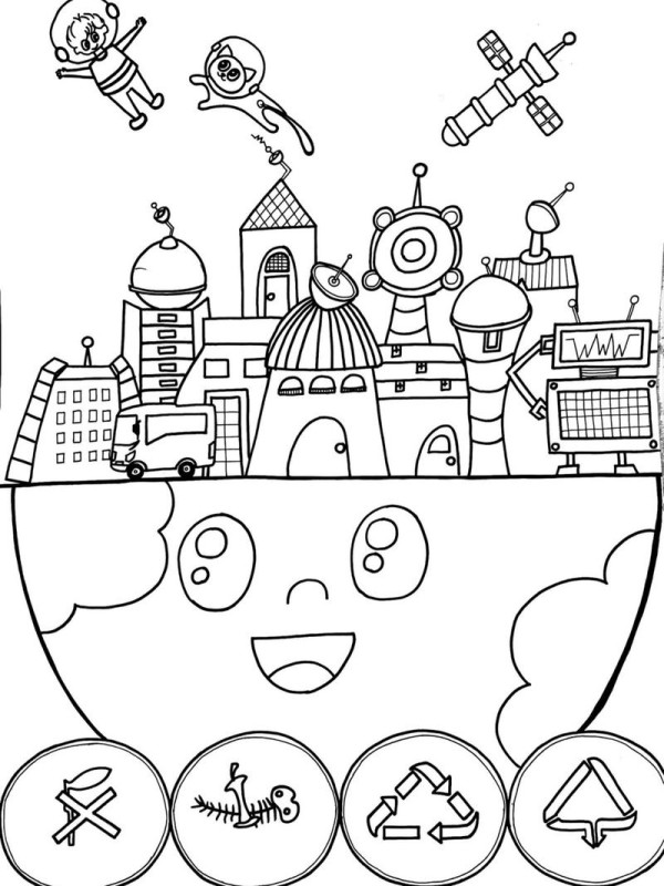 儿童简笔画未来城市垃圾分类科技地球简笔画
