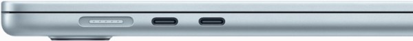 MacBook Air 的机身左侧,展示 MagSafe 端口和两个雷雳 4 端口