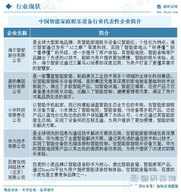 中国智能家庭娱乐设备行业代表性企业简介