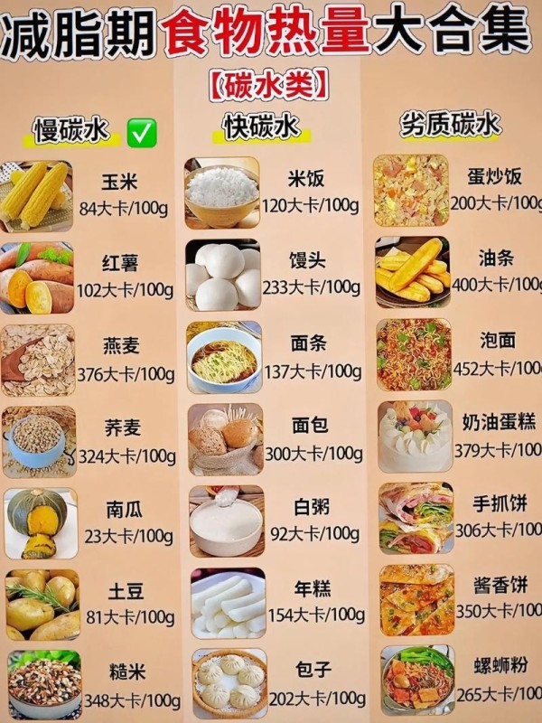 100克食物热量一览表