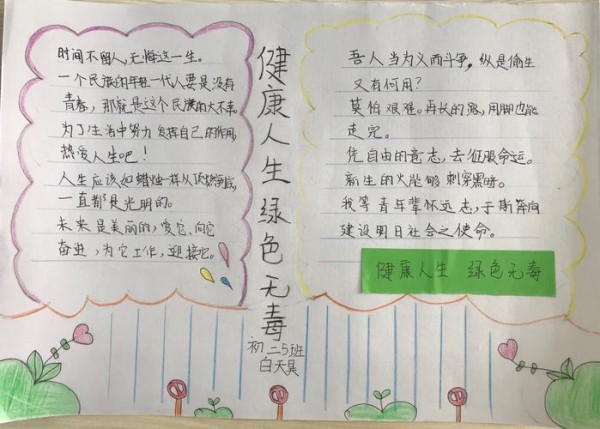 阳光5班 健康人生绿色无毒演讲手抄报展示
