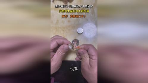 男子剥开了个跟硬币大小的螃蟹，没想到里面的肉也很饱满