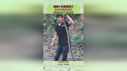 越南小伙就是胆大，徒手将蟒蛇提起，看到最后汗流浃背