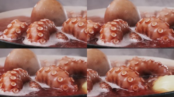章鱼烹饪，厨师在餐厅厨房煮新鲜章鱼，健康食品，西班牙海鲜咖啡馆，传统的亚洲、日本、西班牙和地中海菜肴