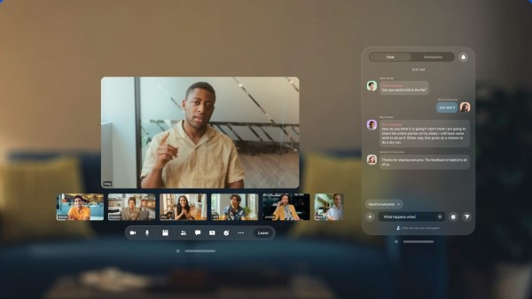 A video call with a man speaking in the main window and multiple participants displayed below, with chat messages visible.