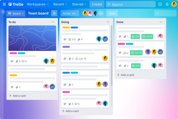 Trello team board displaying tasks organized in three columns: To do, Doing, and Done, with colorful cards and user icons.