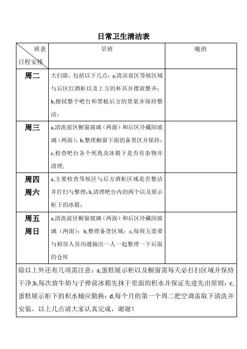 日常卫生清洁表