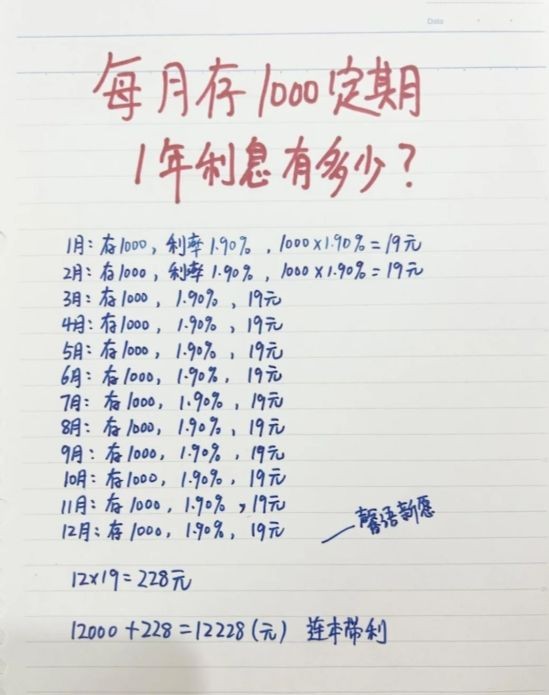 每月存1000元定期，一年利息有多少？