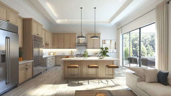 室内设有明亮的现代山胡桃木厨柜和大窗户。