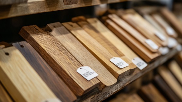 Detailed image of modern hickory kitchen cabinets with pricing information.