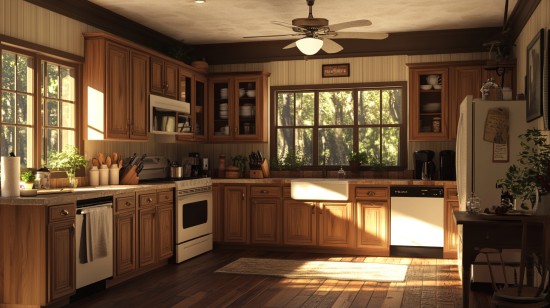 Interior showing robust modern kitchen cabinets hickory enduring heavy use.