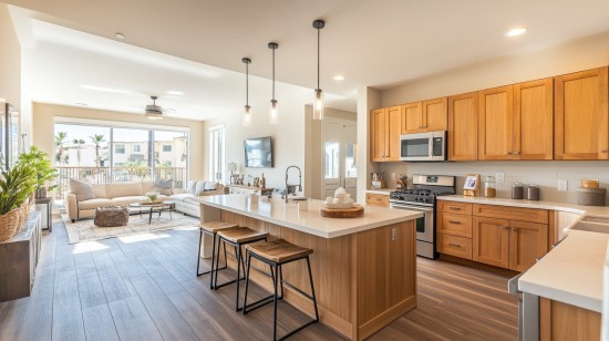 Bright interior featuring spacious cozy hickory cabinets kitchen living area.