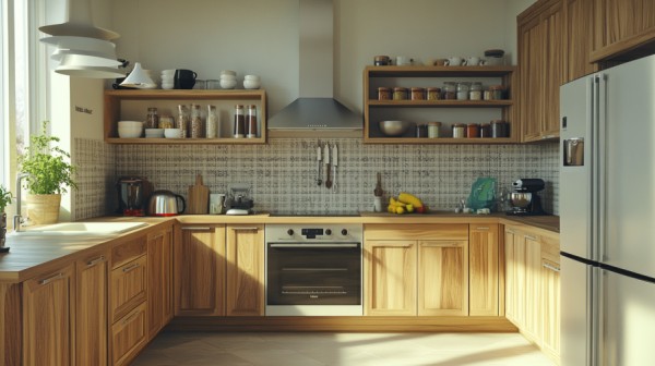 Mood board showing hickory kitchen cabinets with elegant design accents.