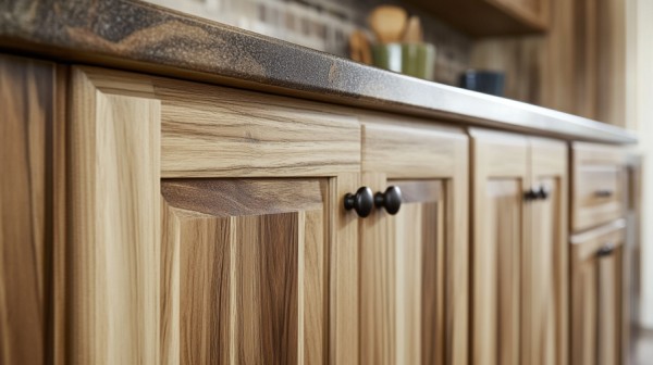 Close-up view of hickory wood kitchen cabinets with detailed grain.