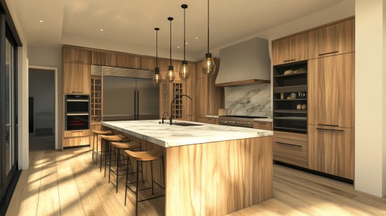 Design showcasing sleek hickory wood kitchen cabinets with modern flair.