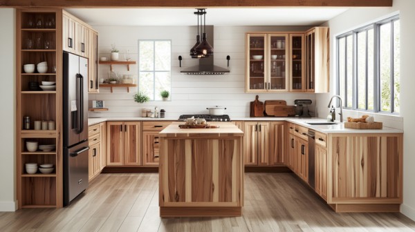 Kitchen displaying elegant natural hickory kitchen cabinets in warm setting.