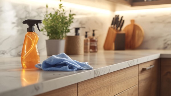 Image showing proper cleaning of hickory cabinets kitchen with tools.