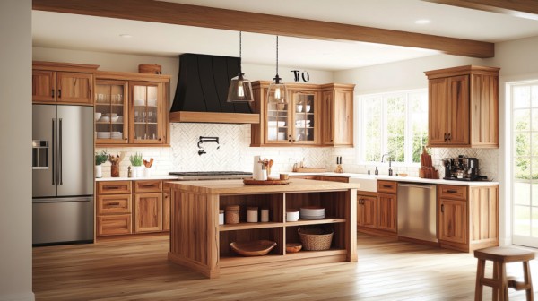 Modern kitchen interior featuring hickory kitchen cabinets in bright setting.
