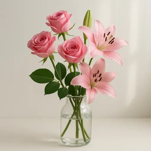 透明花瓶插着粉色玫瑰,营造温馨感情氛围。