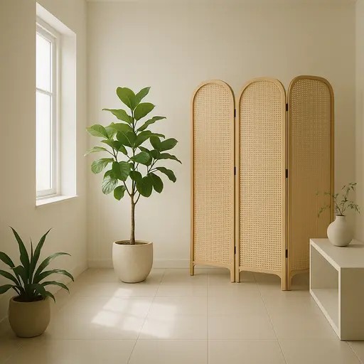 极简室内环境,绿色植物与屏风营造宁静氛围。